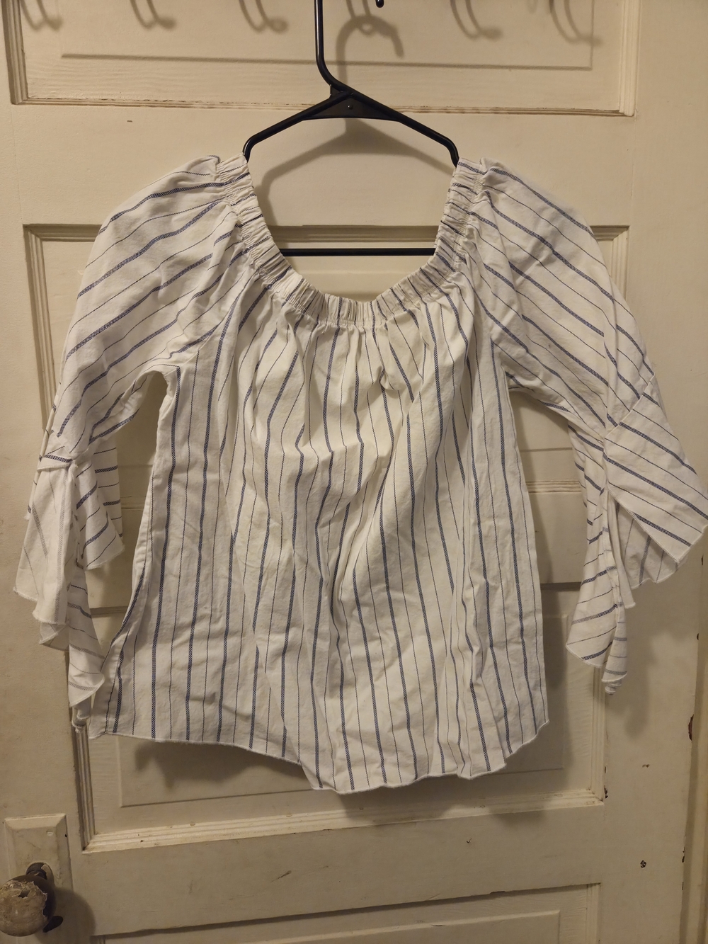 Striped Off-Shoulder Peasant Top in White and Blue